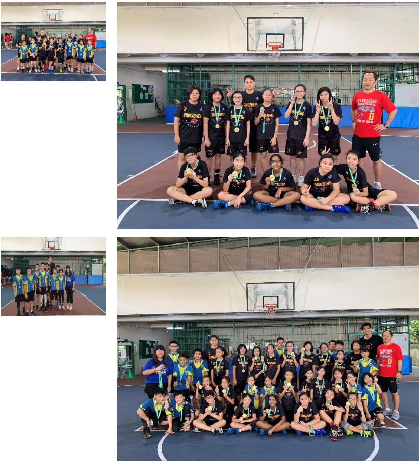 A group of primary school girls and another group of boys basketball players posing at a basketball court with their teachers and medals in their hands